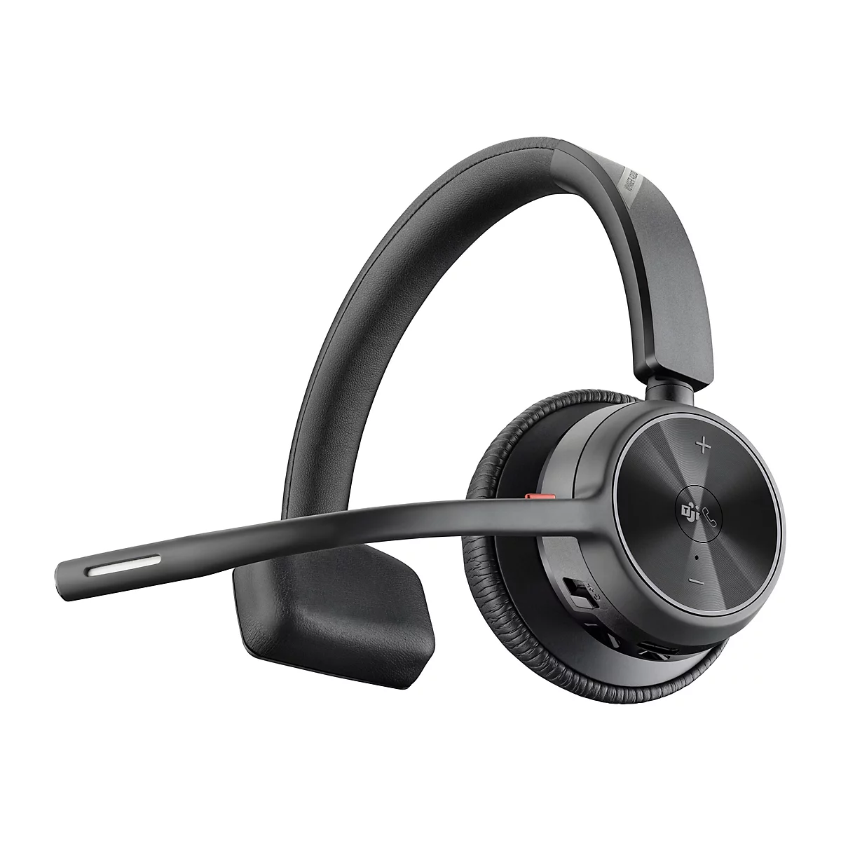 Drahtloses Headset in Schwarz, mit Mikrofon und Bedienelementen, detailreich.