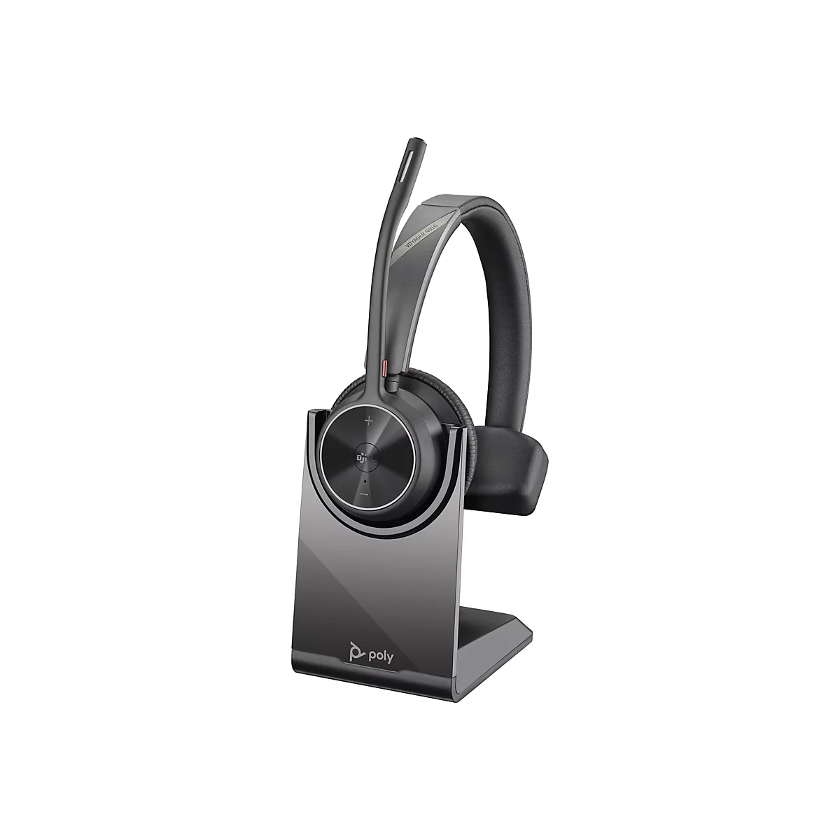 Drahtloses Headset auf einer Ladestation. Dunkelgraues Headset mit Mikrofon und Logos. Aufschrift: Voyager 4310.