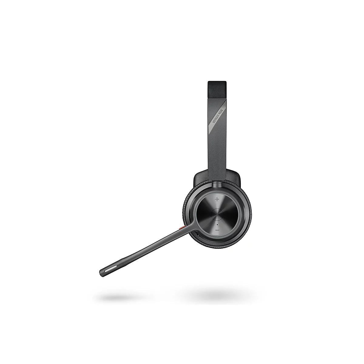 Drahtloses Headset auf weißem Hintergrund. Der schwarze Kopfhörer hat ein Mikrofon, einen Bügel mit der Aufschrift „Voyager 4310“.