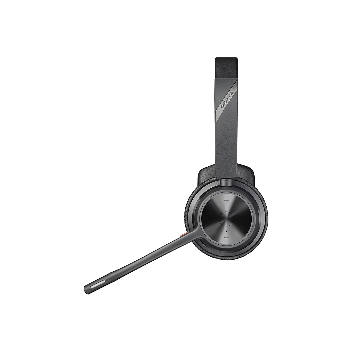 Seitenansicht eines schwarzen Voyager 4310 Headsets mit Mikrofonarm vor weißem Hintergrund.
