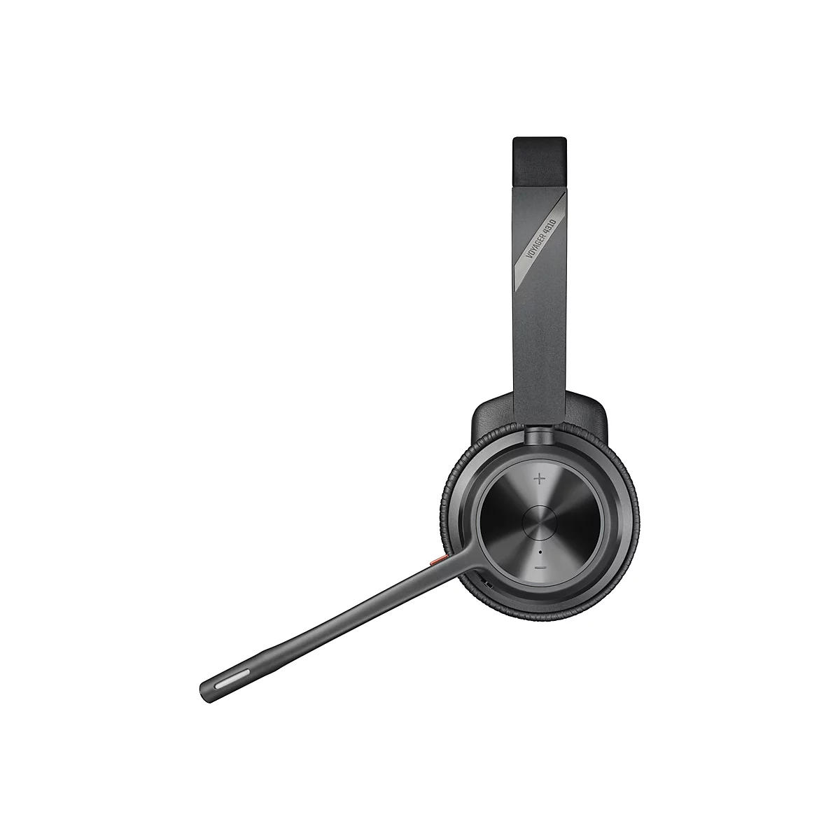 Schwarzes Poly Voyager 4310 Headset in der Seitenansicht mit sichtbarem Mikrofonarm und Lautstärkeregelung.