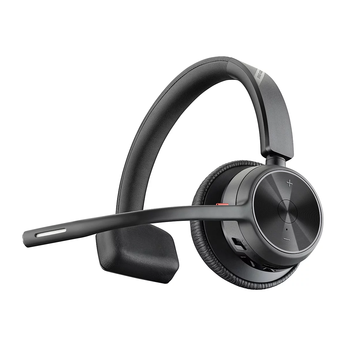 Schwarzes Poly Voyager 4310 Headset mit einem Ohrpolster und langem Mikrofonarm vor weißem Hintergrund.