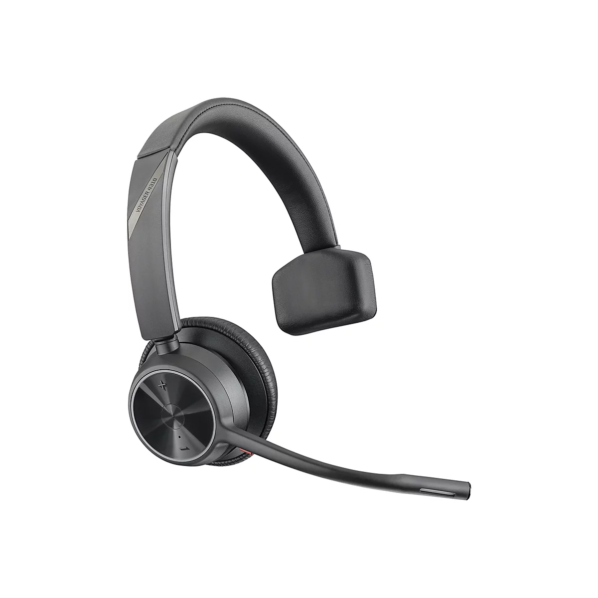 Schwarzes Poly Voyager 4310 On-Ear-Headset mit Bügelmikrofon auf weißem Hintergrund.
