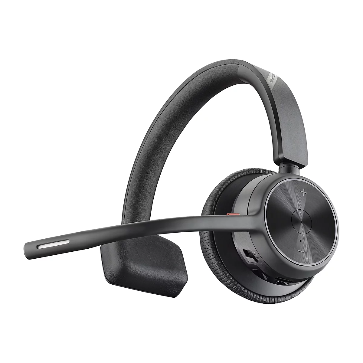 Schwarzes Poly Voyager 4310 On-Ear-Headset mit Bügelmikrofon vor weißem Hintergrund.