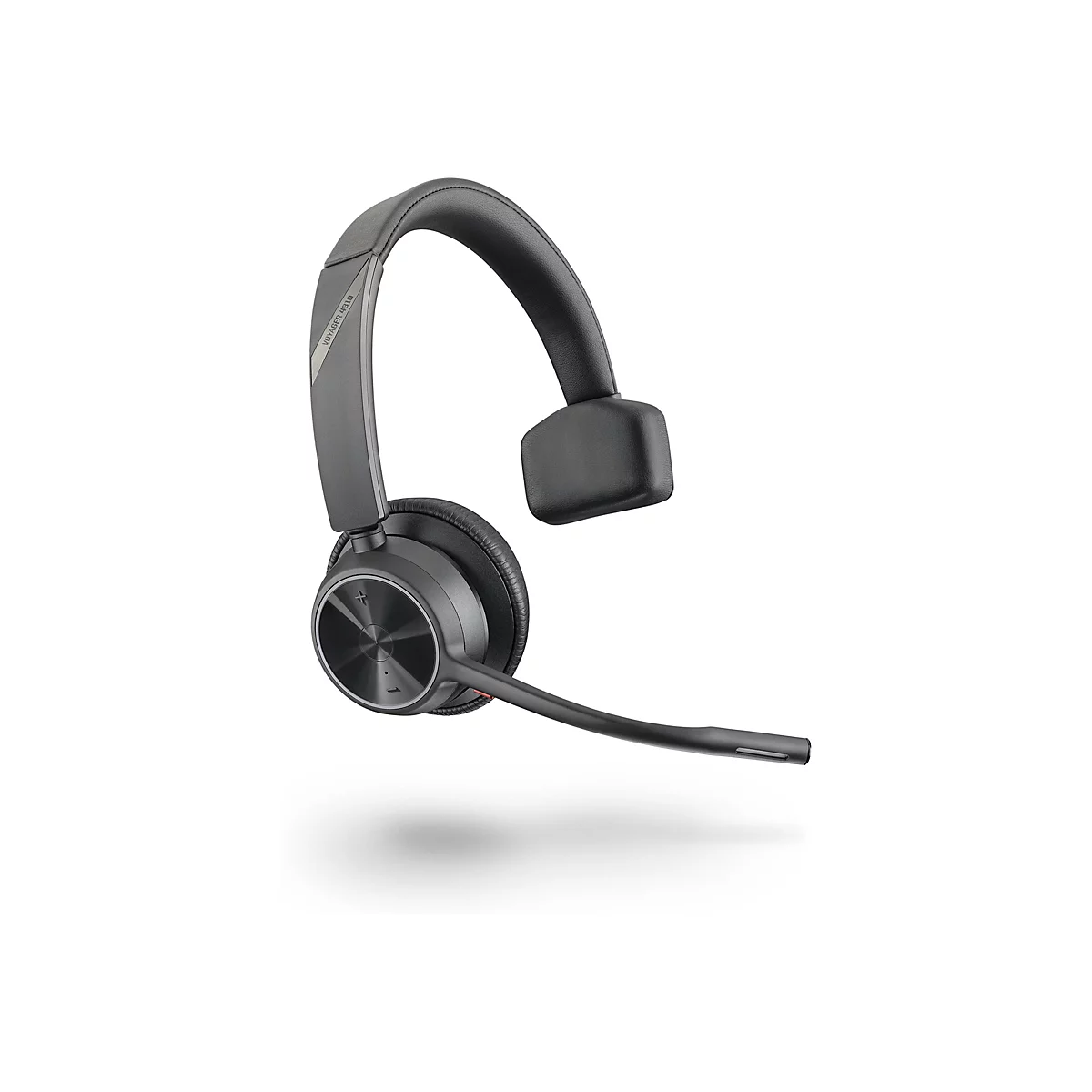 Drahtloses Headset auf weißem Hintergrund, Voyager 4310. Das Headset ist grau und schwarz mit Mikrofonarm und gepolsterten Ohrbügel.