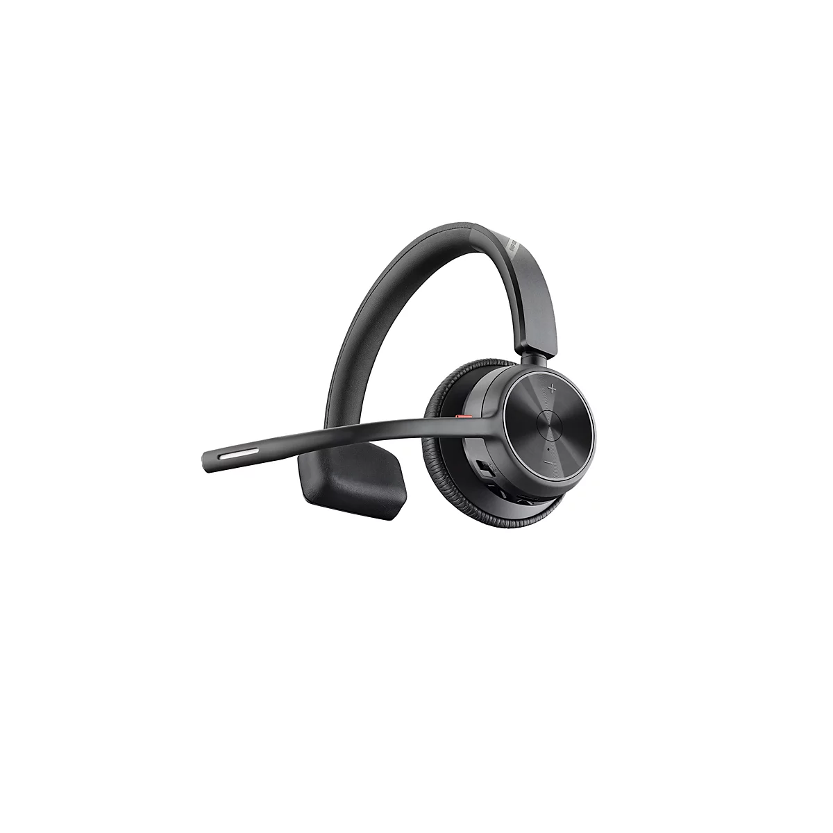 Schwarzes On-Ear-Headset mit einseitigem Bügel, Mikrofonarm und strukturierter Ohrmuschel vor weißem Hintergrund.