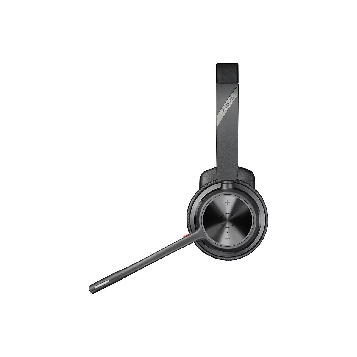 Draufsicht auf ein graues Voyager 4310 Headset mit Mikrofon und Bedienelementen.
