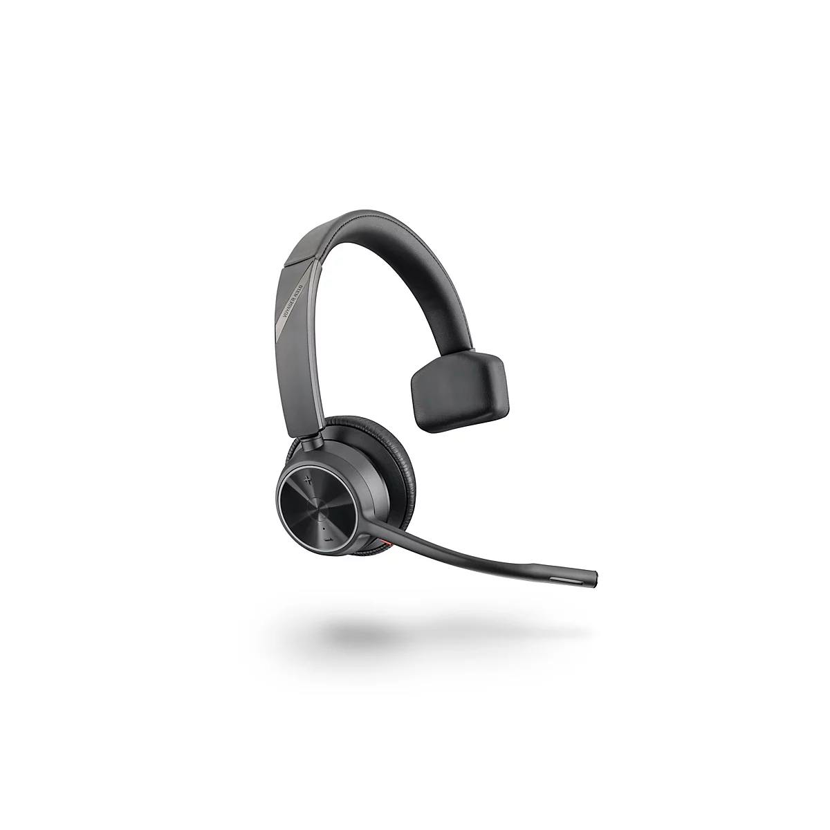 Schwarzes Poly Voyager 4310 On-Ear-Headset mit Bügelmikrofon vor weißem Hintergrund.