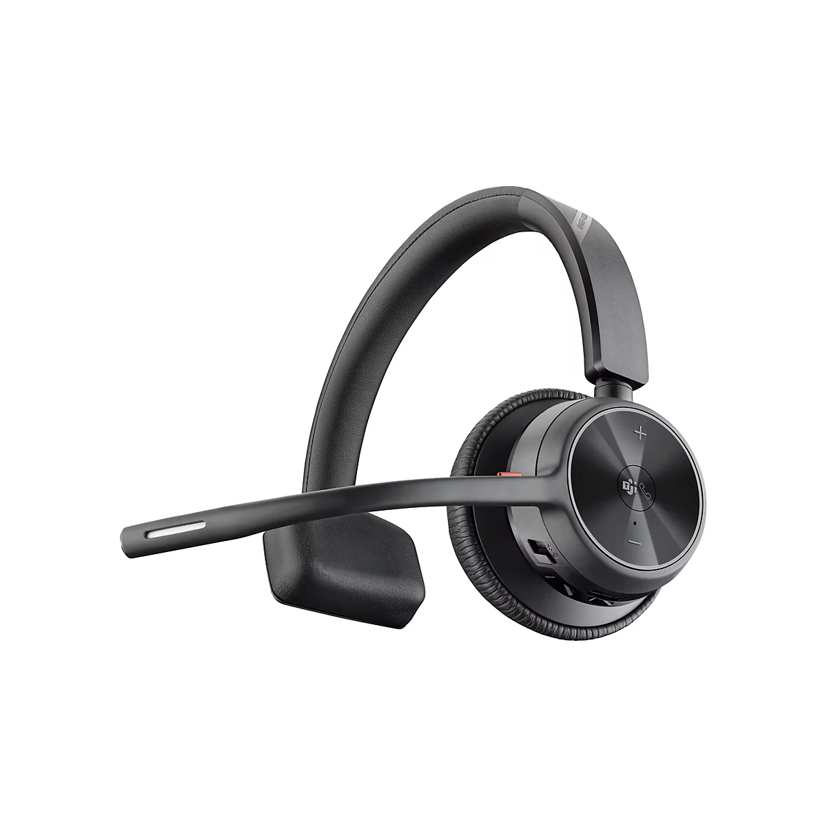 Schwarzes Bluetooth-Headset mit Mikrofonarm und Lautstärkereglern. Der Kopfhörer hat eine gepolsterte Ohrmuschel und einen verstellbaren Kopfbügel.