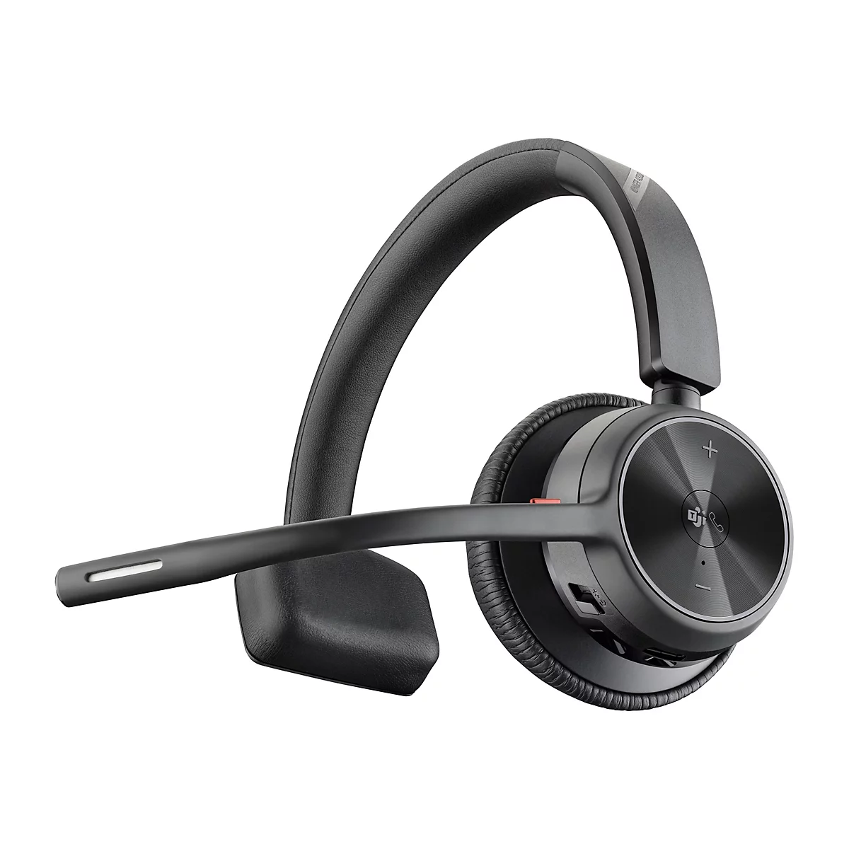 Schwarzes Poly Voyager 4310 Headset mit einem Ohrpolster und Mikrofonarm vor weißem Hintergrund.