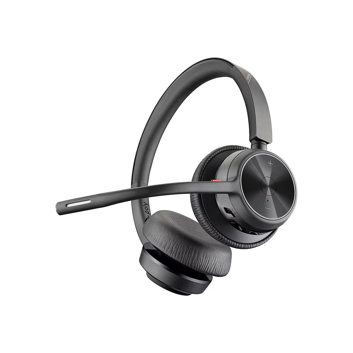 Drahtloses Headset in Grau, mit Mikrofon und Ohrpolster aus Lederimitat. Logo "poly".