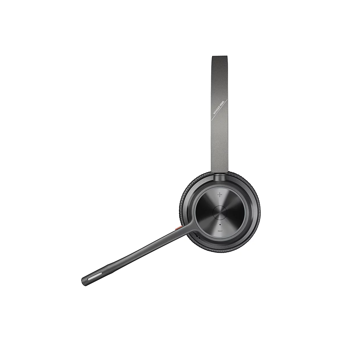 Drahtloses Headset auf weißem Hintergrund, graue Farbe, Mikrofonarm, Inschrift Voyager 4320.