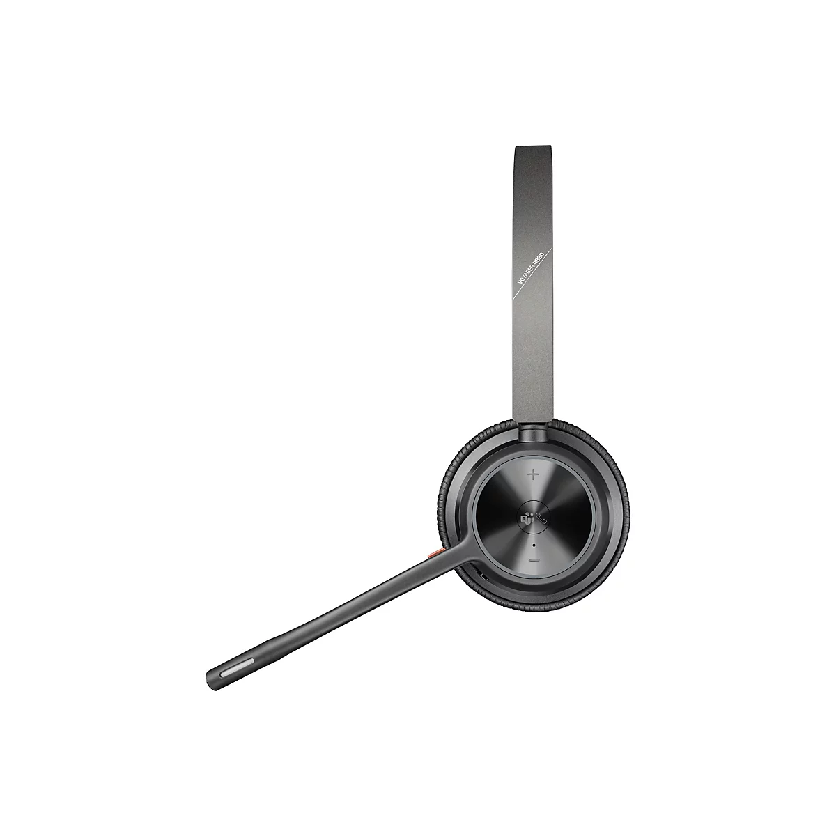 Grauer Bluetooth-Kopfhörer mit Mikrofon auf weißem Hintergrund. Der Kopfbügel trägt den Schriftzug "Voyager 4320".