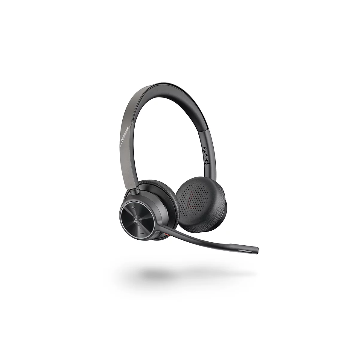 Schwarzes Poly Voyager 4920 Headset mit Mikrofonarm auf weißem Hintergrund.