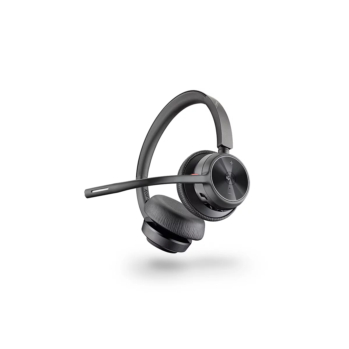 Schwarzes Poly Headset mit einseitigem Mikrofonarm vor weißem Hintergrund.