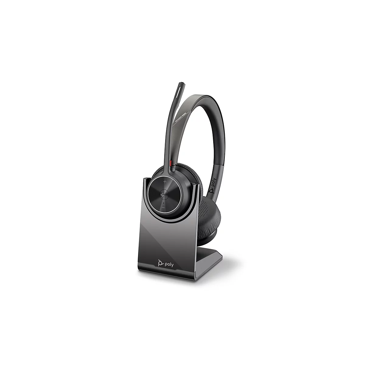 Schwarzes Poly Voyager 4320 Headset in der Ladeschale vor weißem Hintergrund.