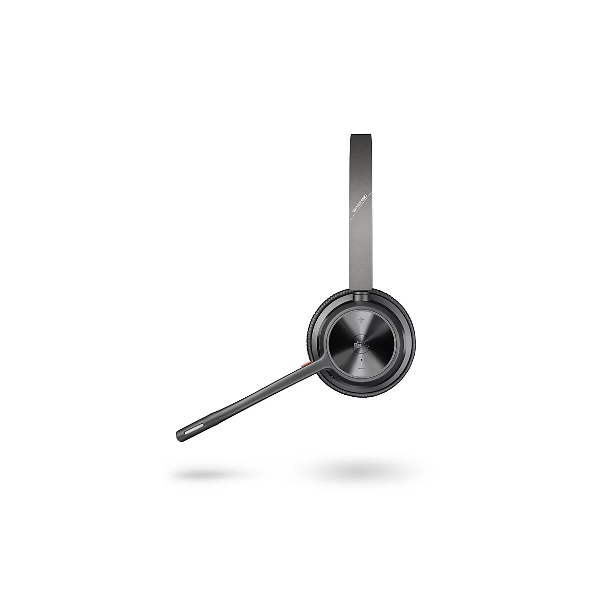 Seitliche Ansicht eines dunkelgrauen Voyager 4320 Headsets mit Mikrofonarm vor weißem Hintergrund.