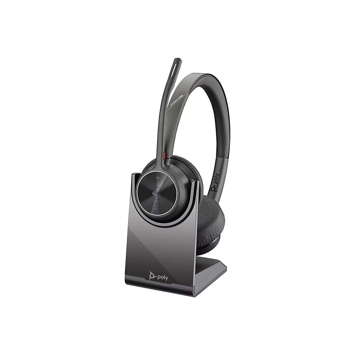Drahtloses Headset auf einer Ladestation. Das Headset ist dunkelgrau, die Ladestation glänzend. Auf dem Headset ist Voyager 4320 zu lesen.