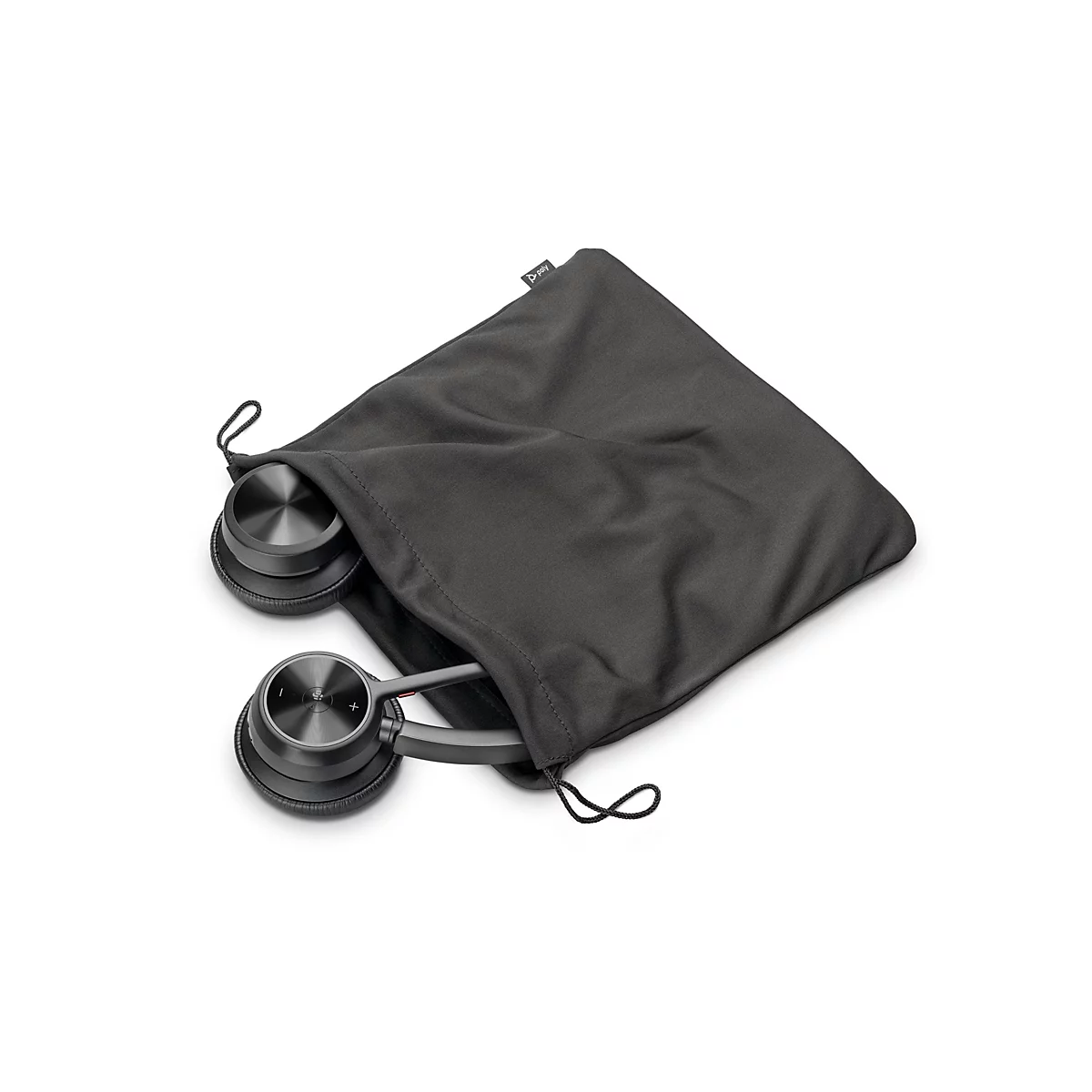 Schwarzes Poly-Headset in einem passenden schwarzen Stoffbeutel mit Kordelzug.