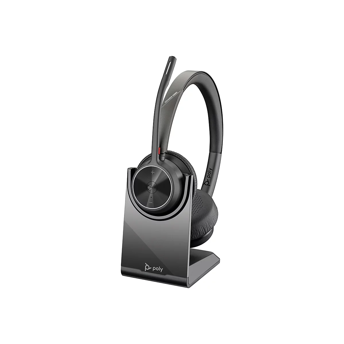 Ein graues Headset mit Ladeschale, auf weißem Grund. Auf dem Hörer steht "Voyager 4320".