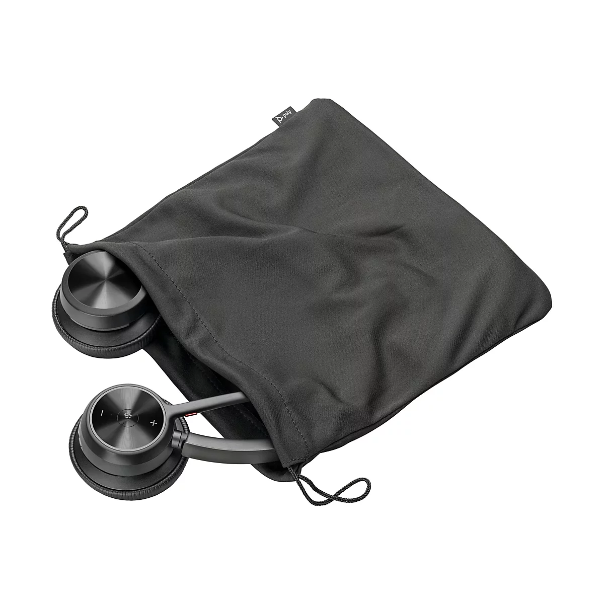 Dunkelgraues Headset in einer grauen Stofftasche mit Kordelzug, Logo poly.