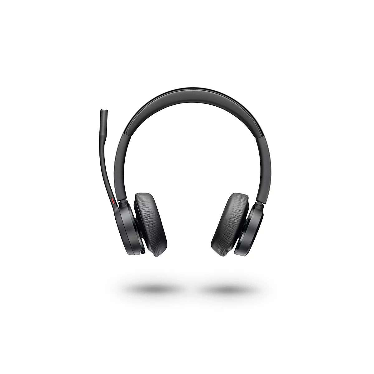 Schwarzes On-Ear-Headset mit klappbarem Mikrofonarm vor weißem Hintergrund.