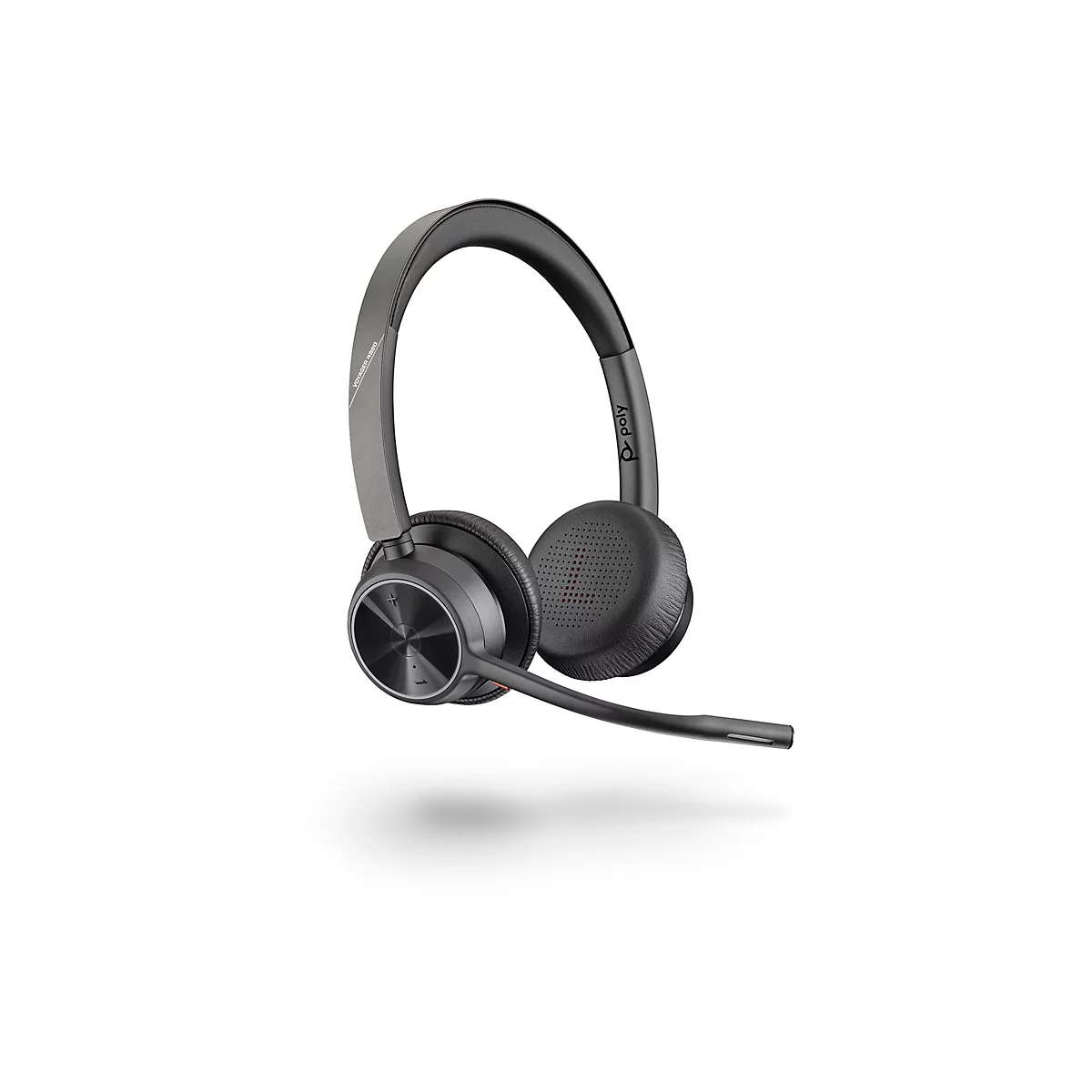 Drahtloses Headset auf weißem Hintergrund. Schwarz und anthrazit, mit Bügel, Ohrmuscheln, Mikrofon und Markenschriftzug.