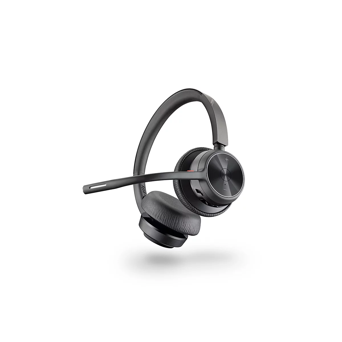 Schwarzes Poly Headset mit Kopfbügel und Mikrofonarm vor weißem Hintergrund.