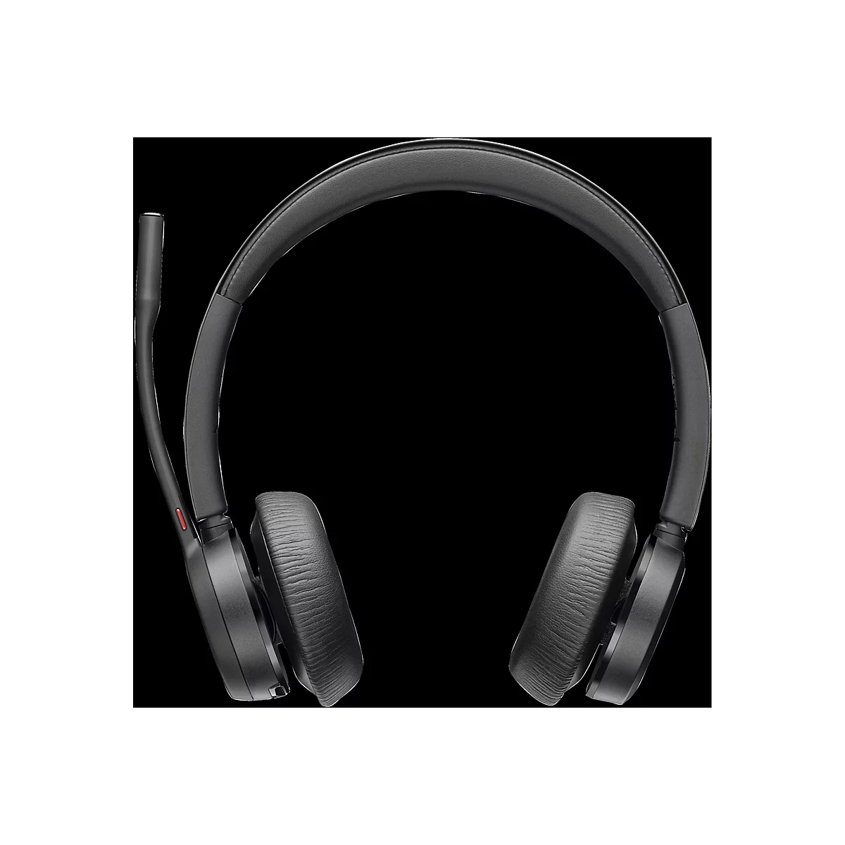 Drahtloses Headset auf schwarzem Hintergrund, mit Mikrofon und Ohrpolstern.