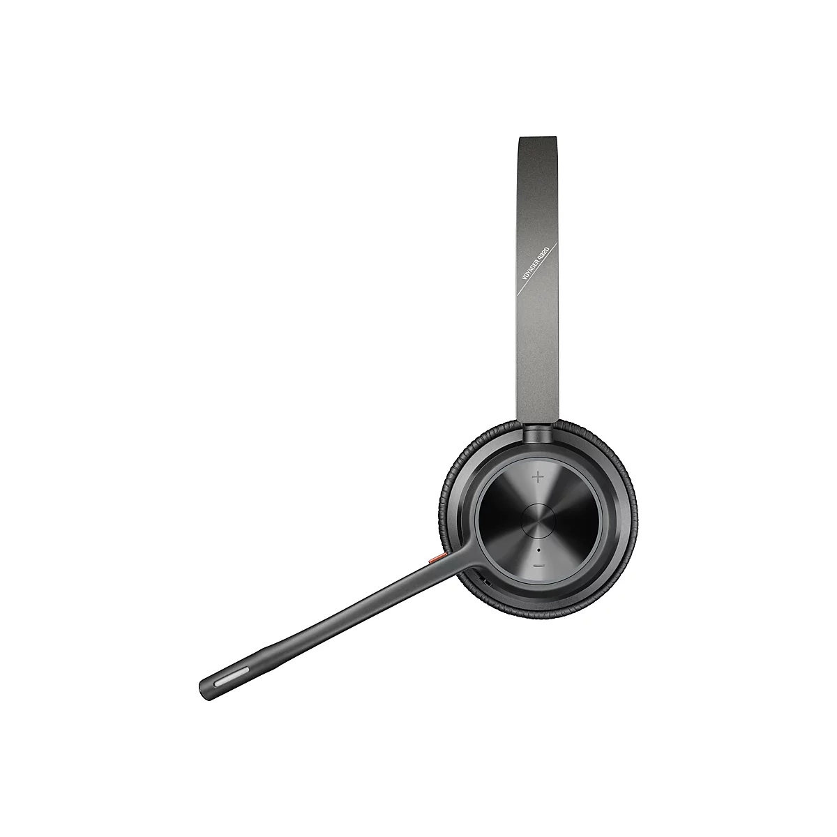 Draufsicht auf ein graues Voyager 4320 Headset mit Mikrofon auf weißem Hintergrund.