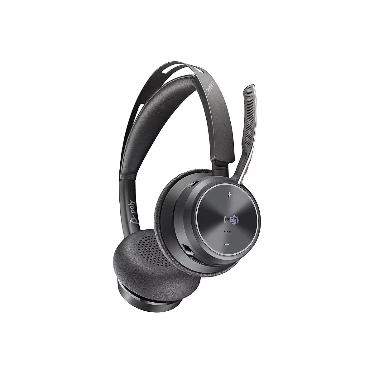Drahtloses Headset auf weißem Hintergrund. Das Headset ist grau und schwarz. Auf der Ohrmuschel ist ein Plus-Zeichen.