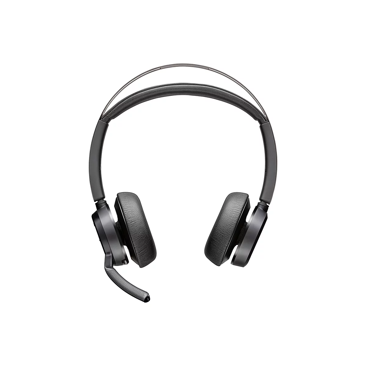 Draufsicht auf ein schwarzes Headset mit Ohrmuscheln, Mikrofon und Kopfbügel. Der Hintergrund ist weiß.