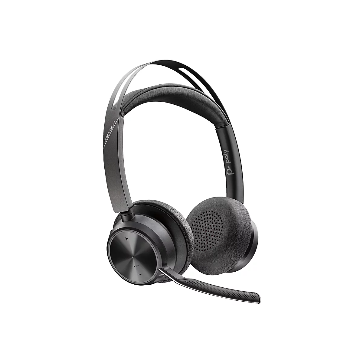 Drahtloses Headset in Grau, mit Mikrofon und Logos. Ohrmuscheln aus Leder, Polsterung für den Kopf, Voyager Focus 2.