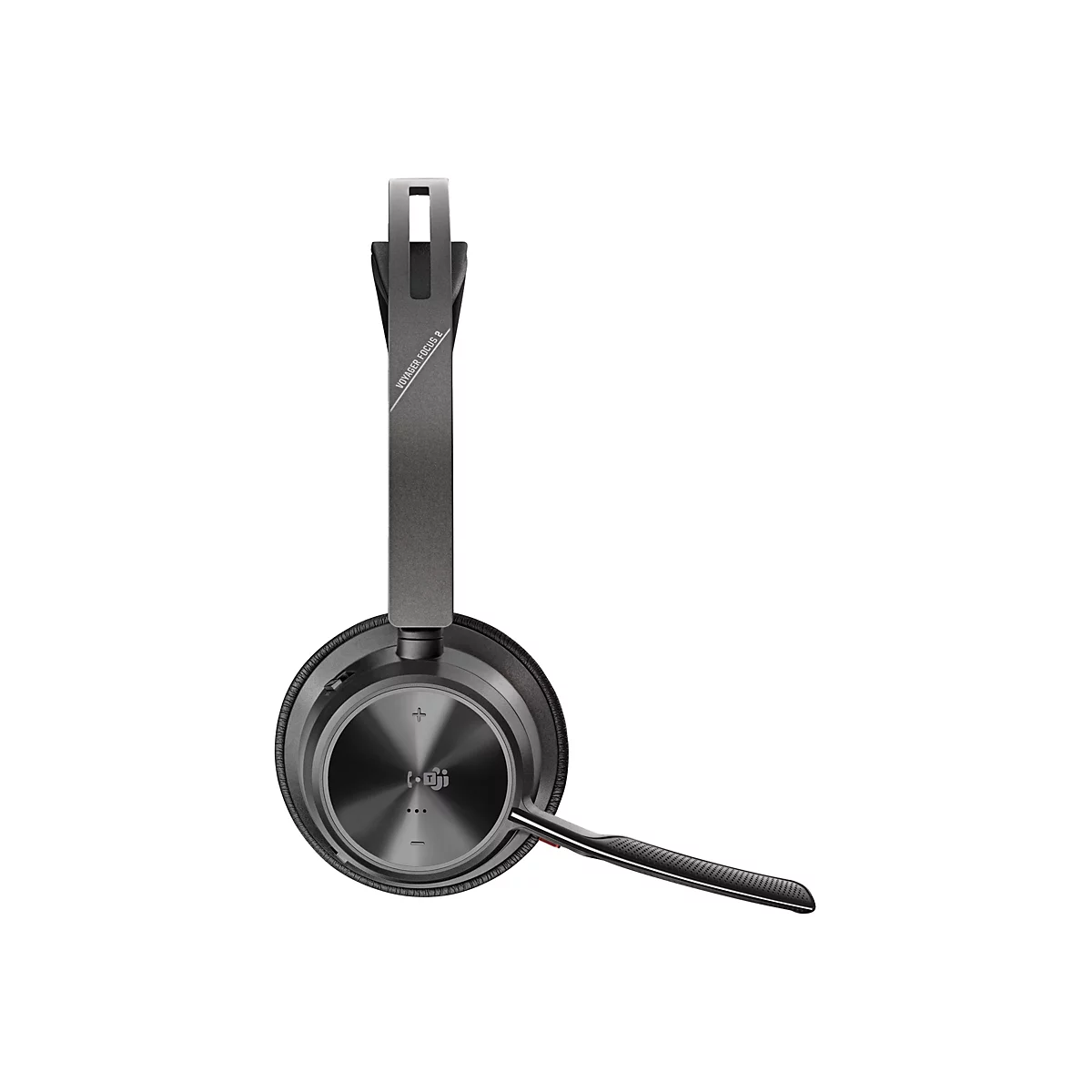 Draufsicht auf ein graues Voyager Focus 2 Headset. Auf dem Bügel steht: Voyager Focus 2. Mikrofongalgen ist an der rechten Ohrmuschel befestigt.