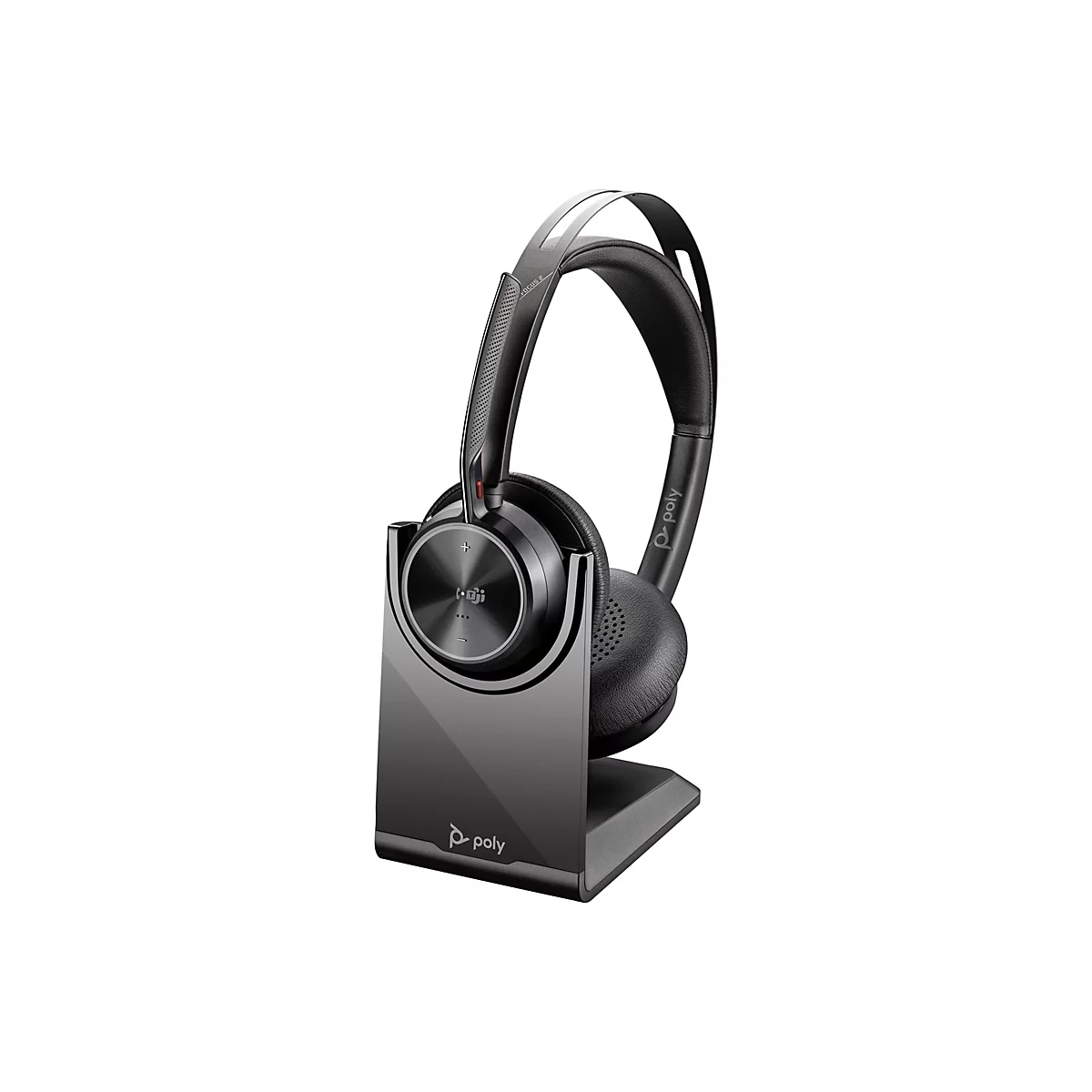 Drahtloses Headset mit Ladestation, schwarz und grau. Auf der Ohrmuschel befinden sich Tasten.