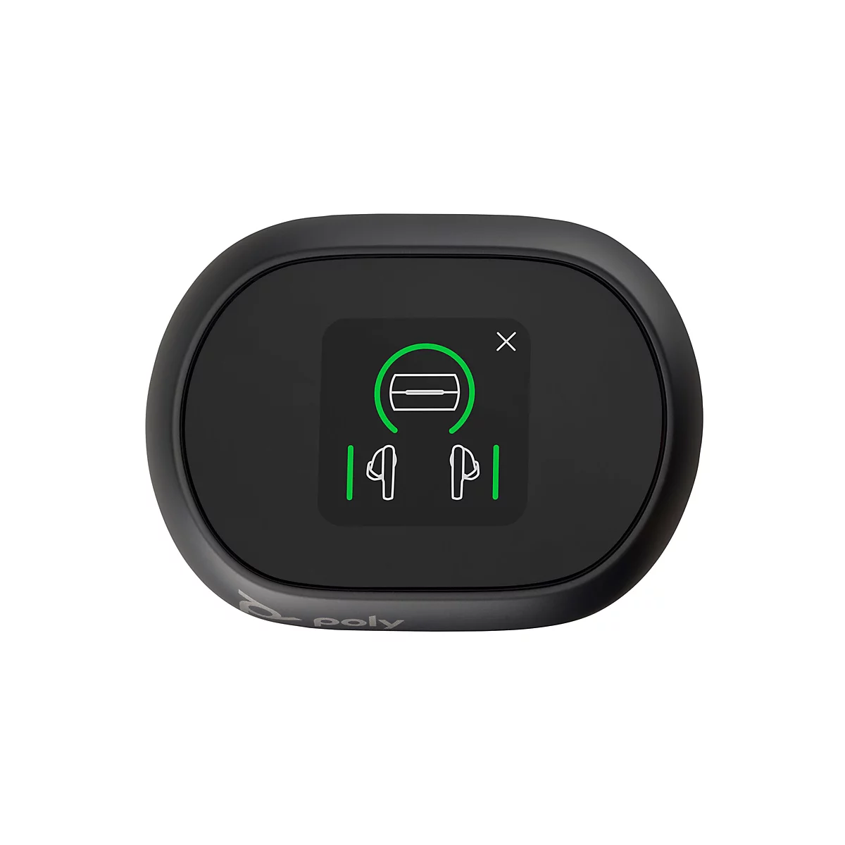 Schwarzes Ladegerät mit grünem Display, das ein Symbol und zwei Ohrhörer zeigt.