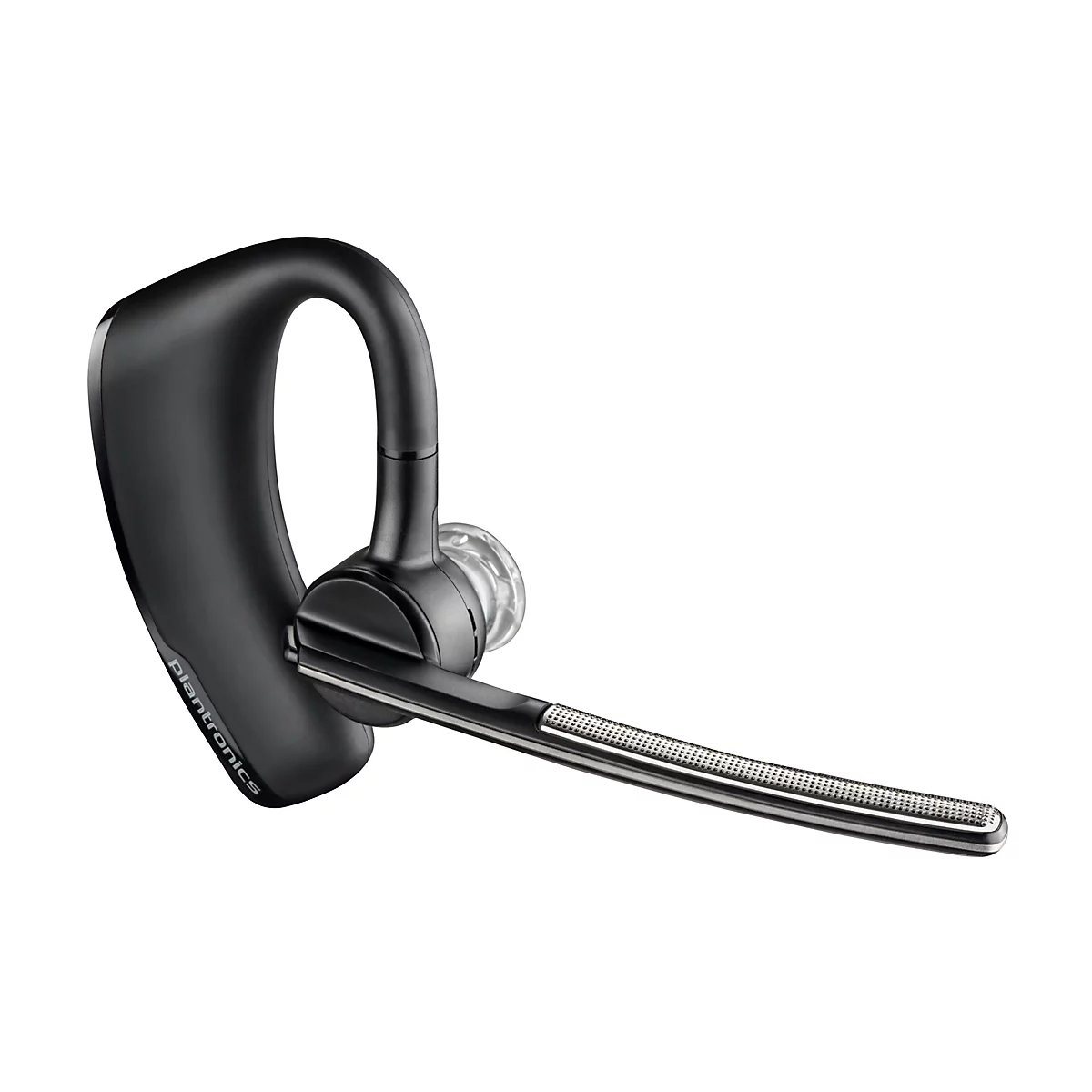 Schwarzes Bluetooth-Headset auf weißem Hintergrund, mit Mikrofonarm und dem Schriftzug "Plantronics".