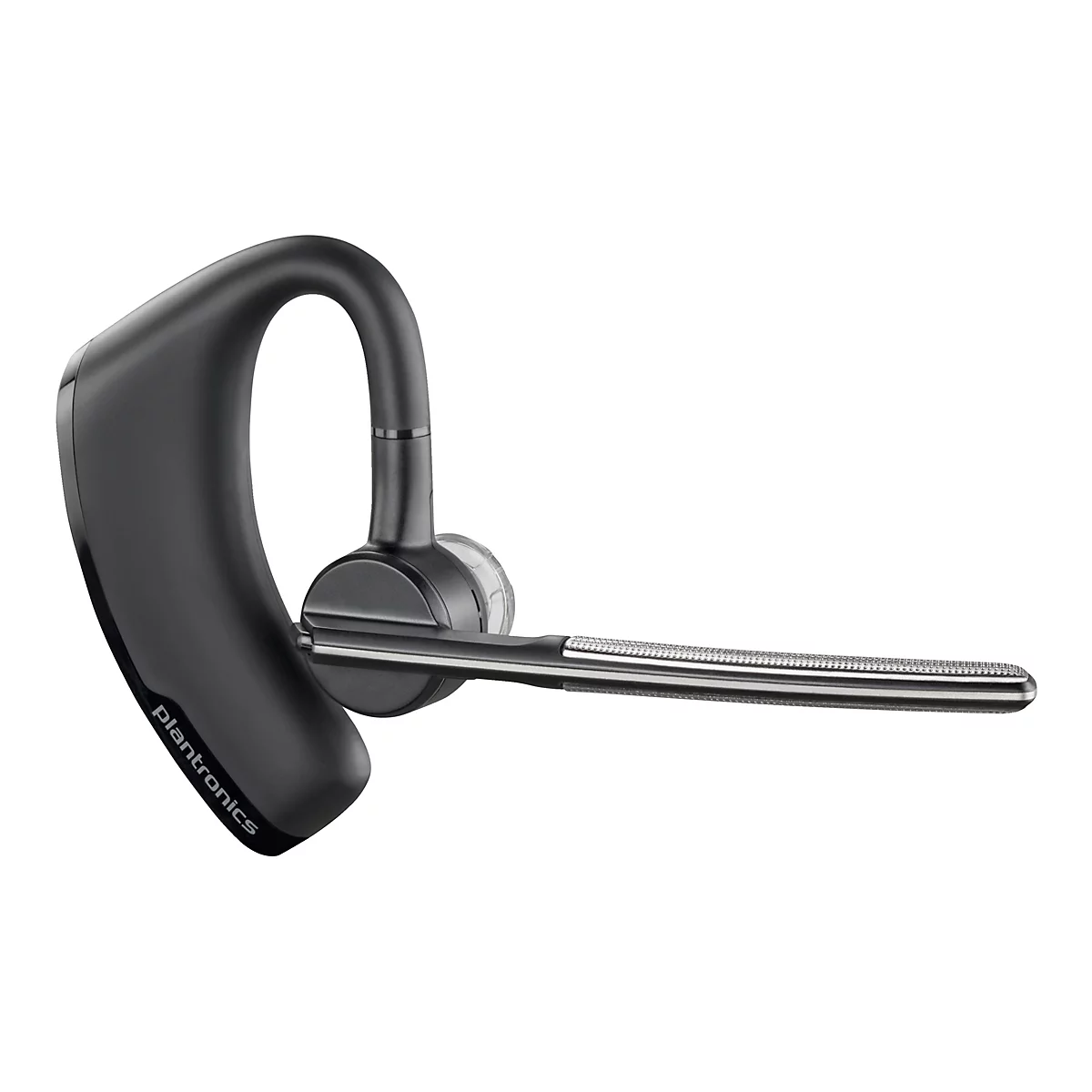 Schwarzes Bluetooth-Headset auf weißem Hintergrund, mit silberfarbenem Mikrofon.