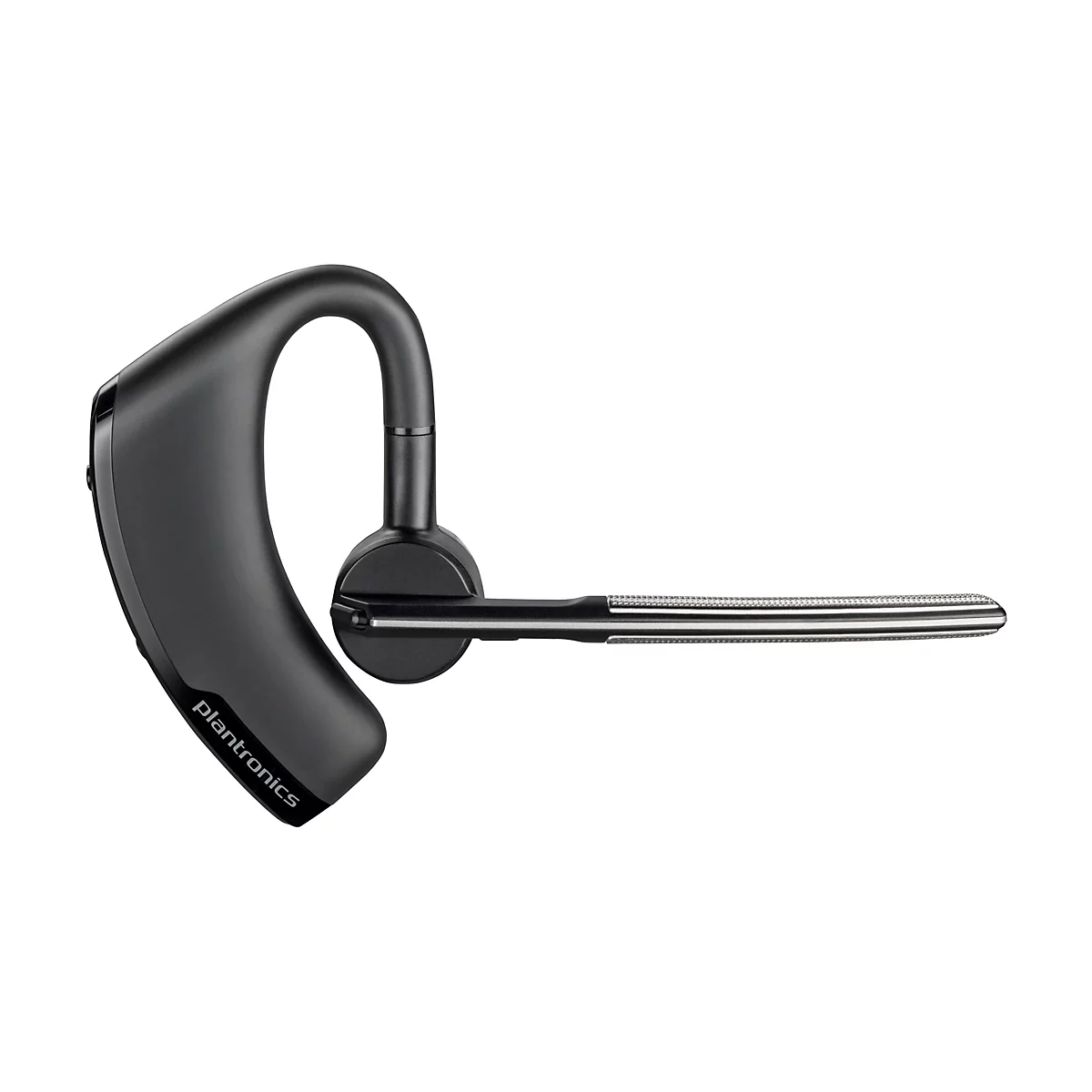 Ein schwarzes Headset mit Plantronics-Logo. Der Bügel verläuft über dem Ohr, der Mikrofonarm ist silberfarben.