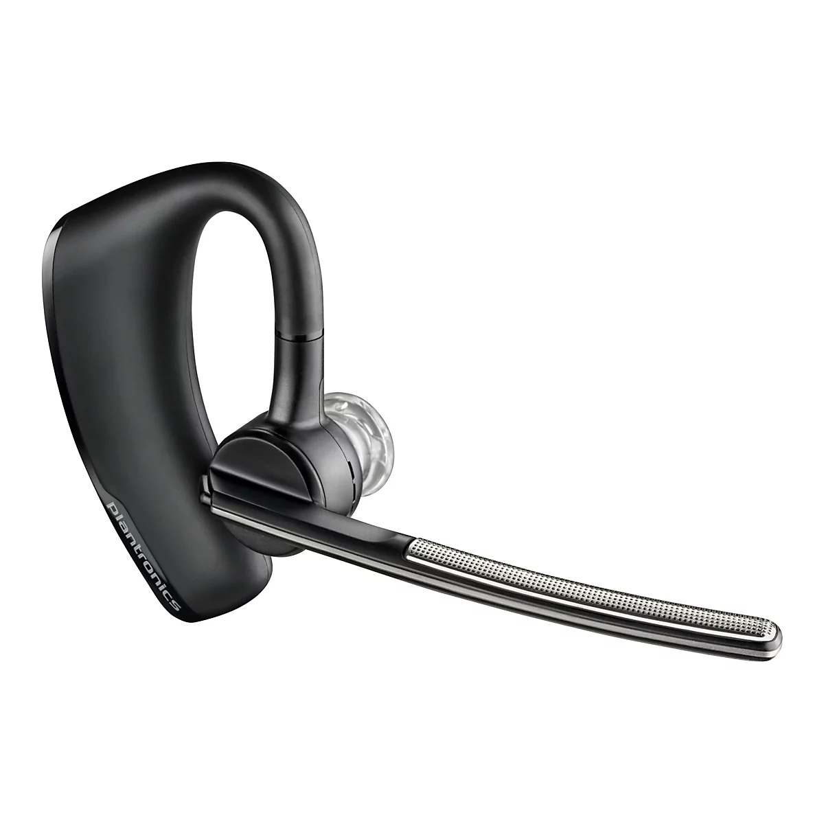 Ein schwarzes Bluetooth-Headset auf weißem Hintergrund.