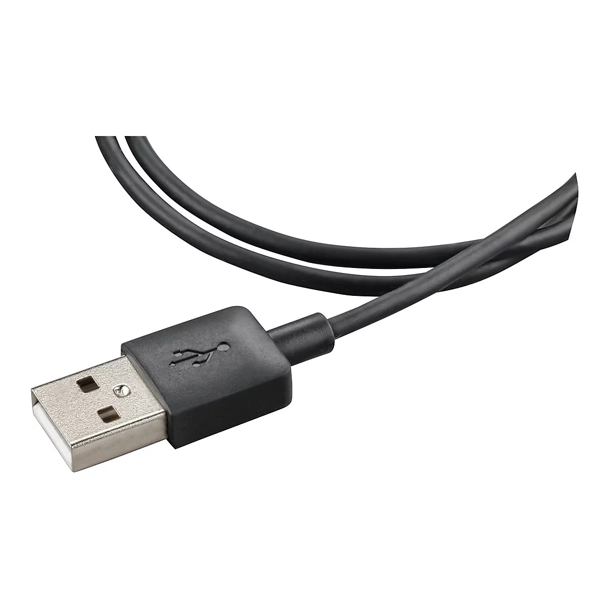 Ein schwarzes USB-Kabel, das auf weißem Hintergrund dargestellt wird. Der Stecker ist im Fokus.