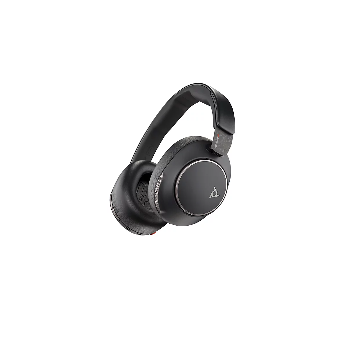 Schwarze Poly Bluetooth-Kopfhörer in Seitenansicht vor weißem Hintergrund.