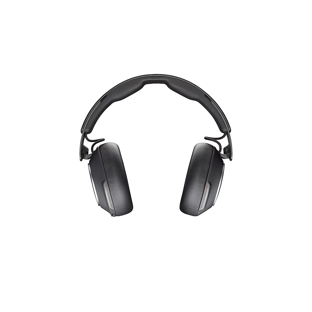 Draufsicht auf kabellose Kopfhörer. Schwarze Ohrmuscheln, gepolsterter Bügel auf weißem Hintergrund.