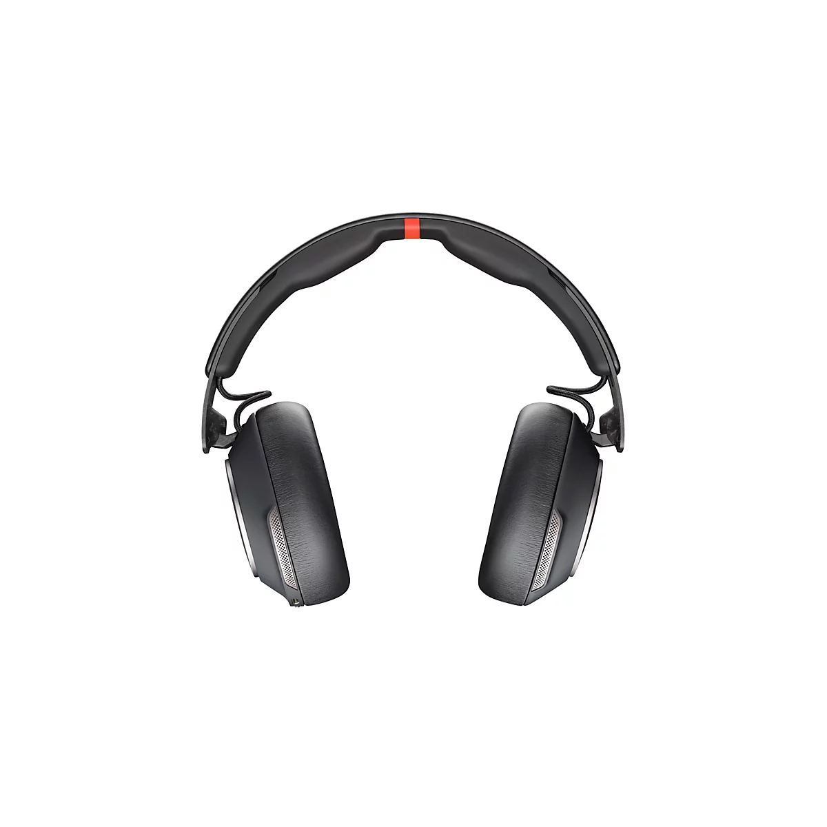 Schwarze Kopfhörer mit rotem Akzent auf dem Kopfband, vor weißem Hintergrund.