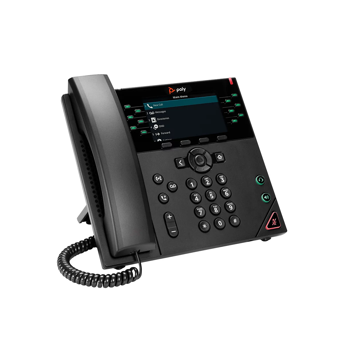 Schwarzes Poly-Telefon mit Display, Menü und Tasten. Auf dem Display steht 'Main Menu' und 'New Call'.