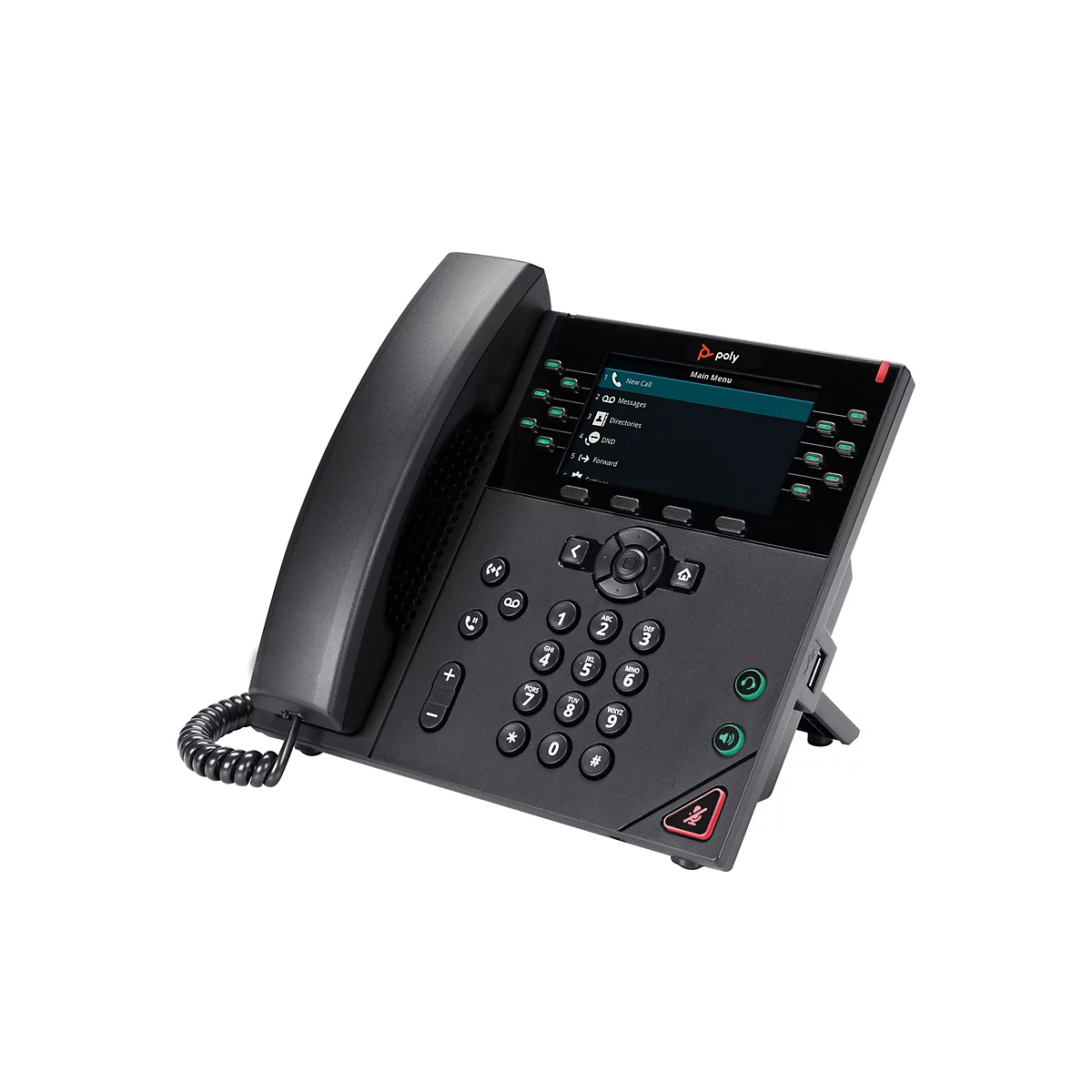 Schwarzes Telefon mit Display und Tasten, im Vordergrund Menüauswahl.