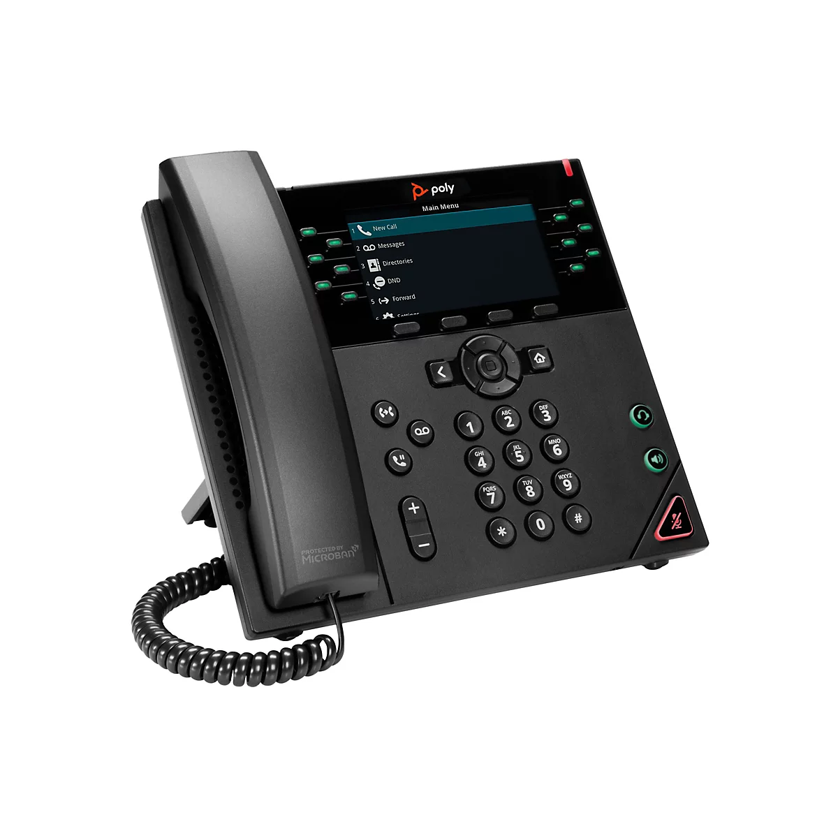Schwarzes Poly-Tischtelefon mit Display und Zifferntasten. Auf dem Bildschirm: Menü mit Anruf-, Nachrichten- und Verzeichniseinstellungen. Schutzmarke Microban.