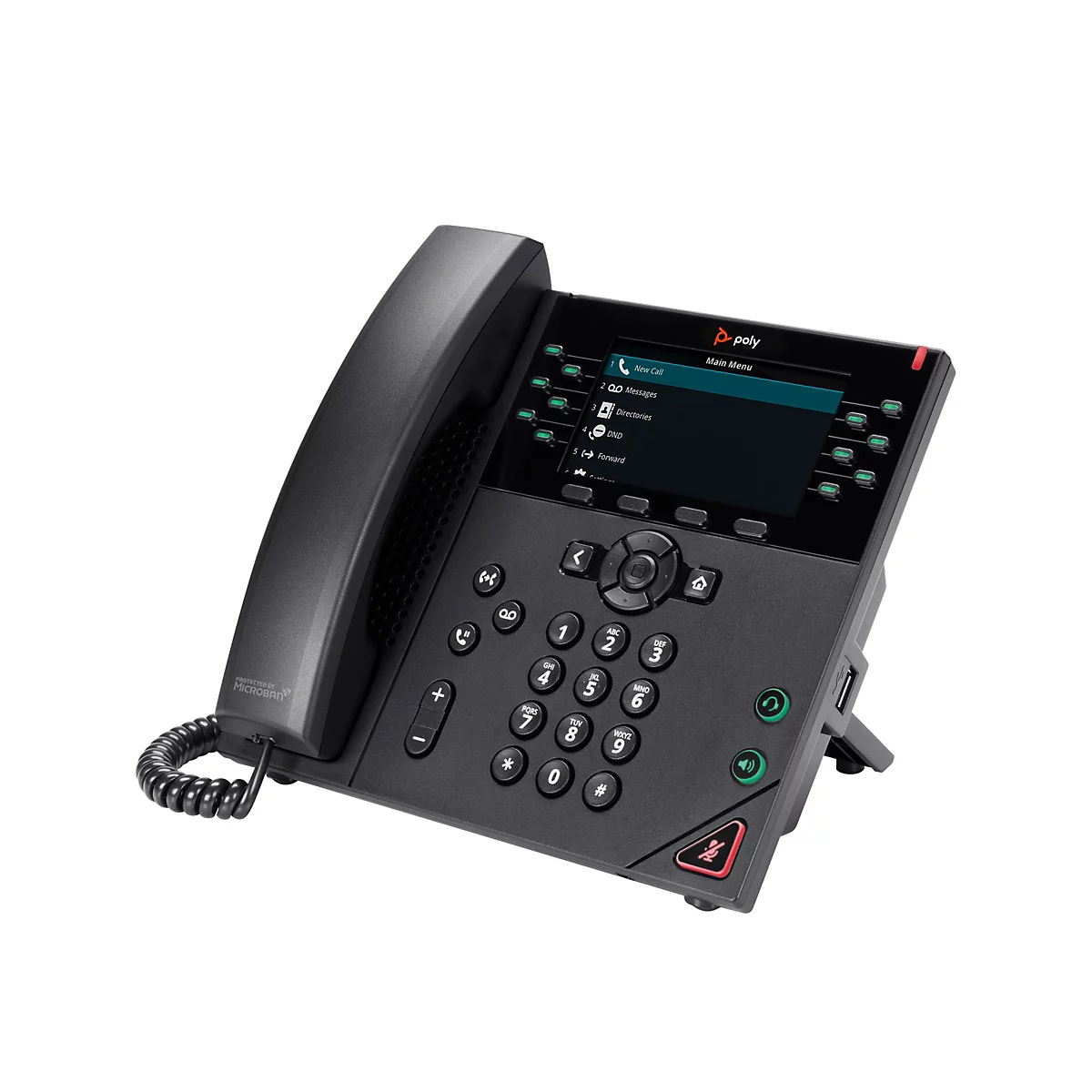 Schwarzes Poly-Tischtelefon mit Display und Ziffernblock. Auf dem Bildschirm: Hauptmenü mit Optionen. Logo von Poly.
