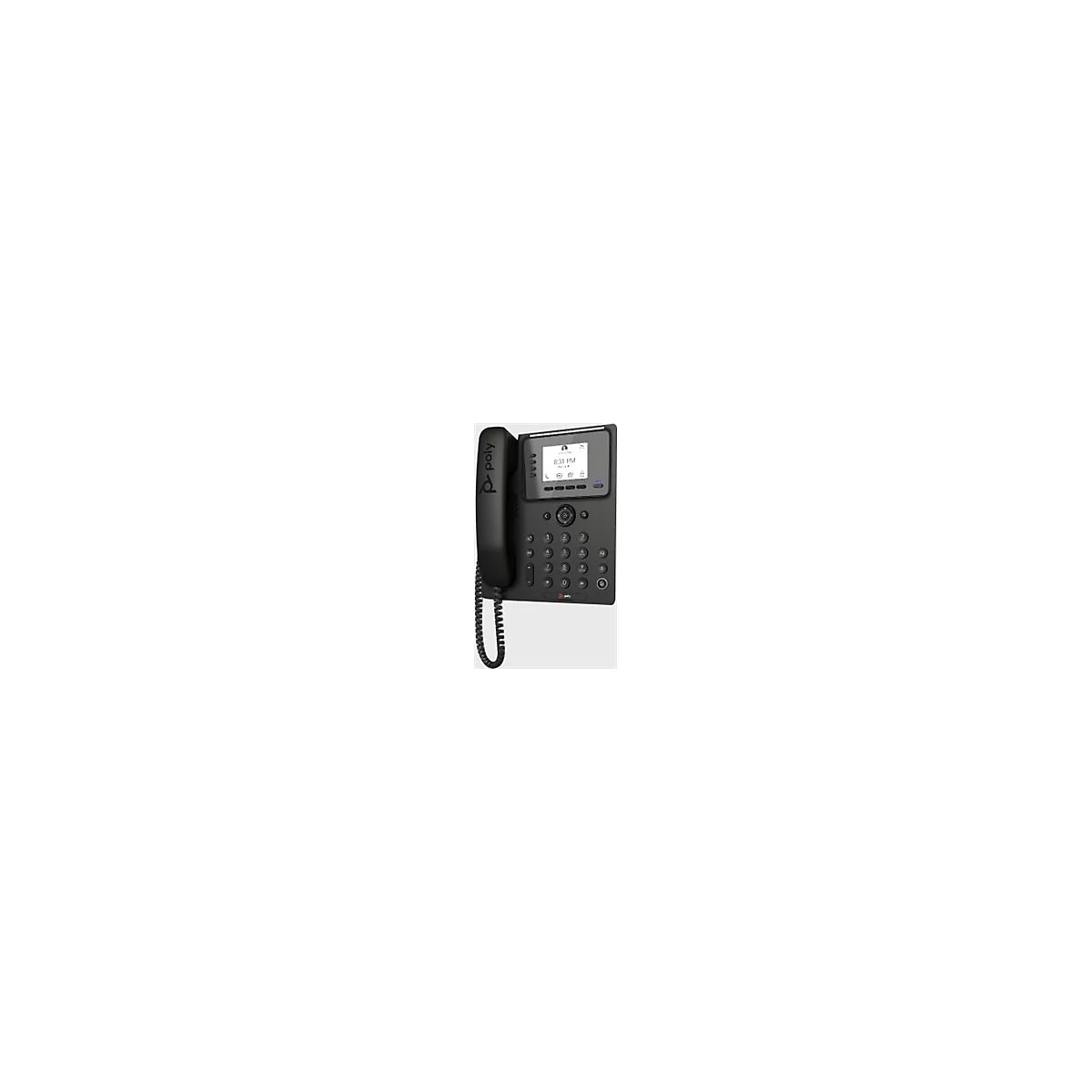 Schwarzes Poly-Telefon mit Display, Hörer und Schnur. Auf dem Display sind Uhrzeit und Symbole abgebildet.