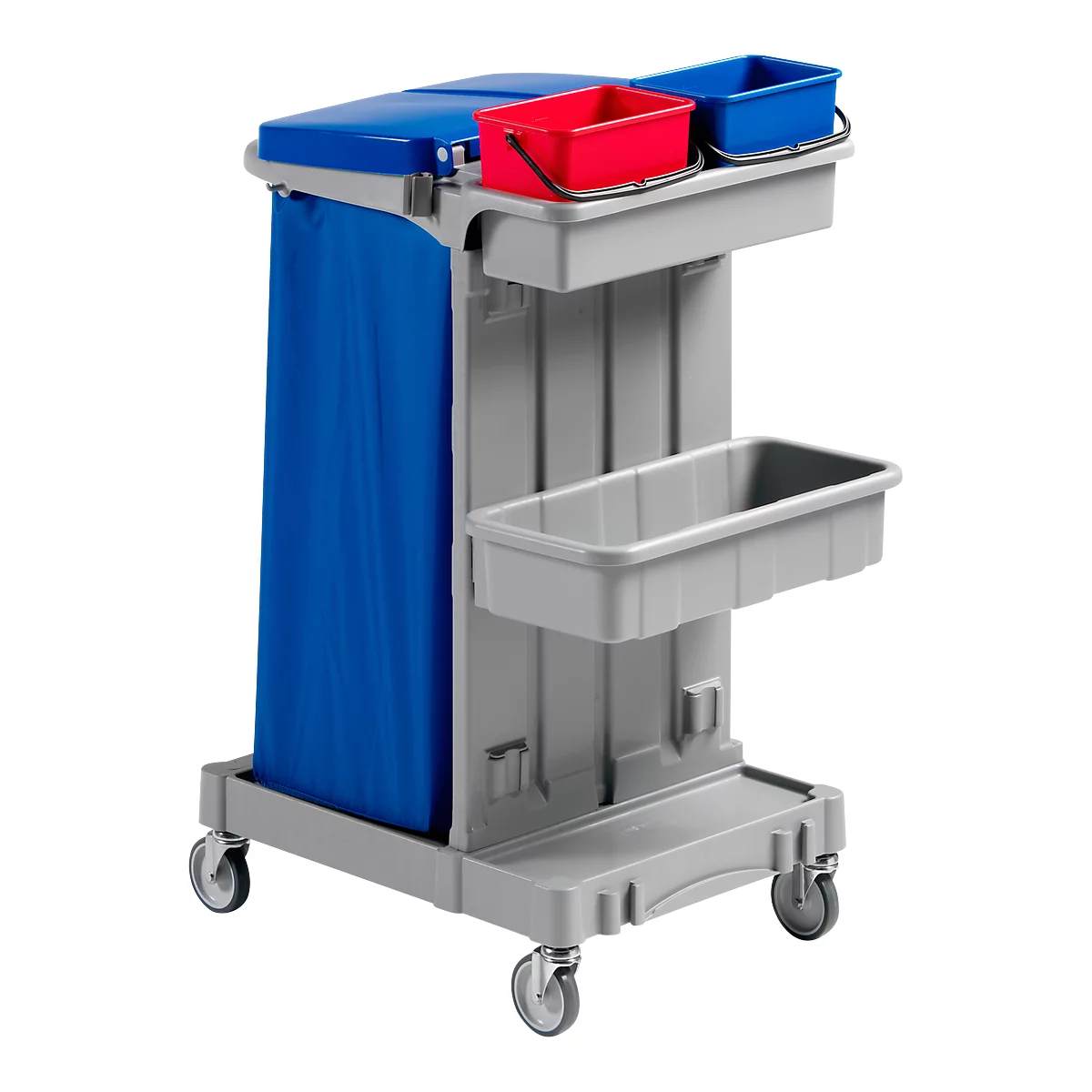 Gray cleaning cart with blue cover and bag, red and blue buckets.